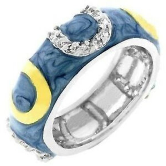 Silver Gold Blue Enamel Ring Band Size 9 Eternity Rhodium Plated Cubic Zirconia - Picture 2 of 8